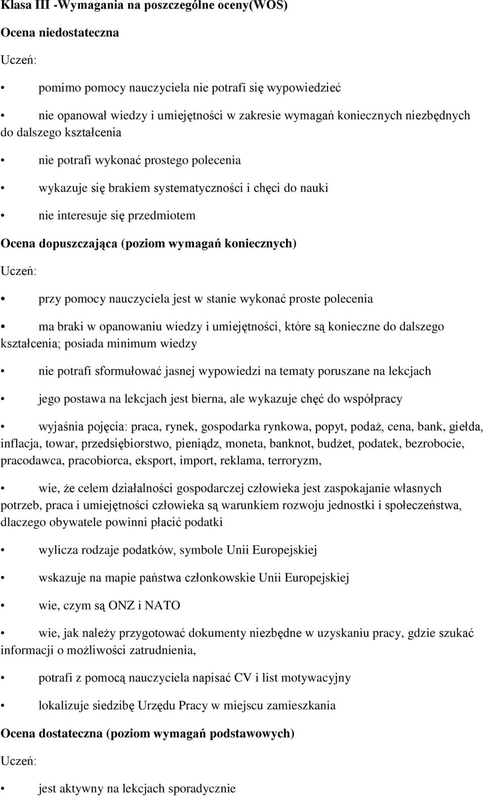 koniecznych) przy pomocy nauczyciela jest w stanie wykonać proste polecenia ma braki w opanowaniu wiedzy i umiejętności, które są konieczne do dalszego kształcenia; posiada minimum wiedzy nie potrafi