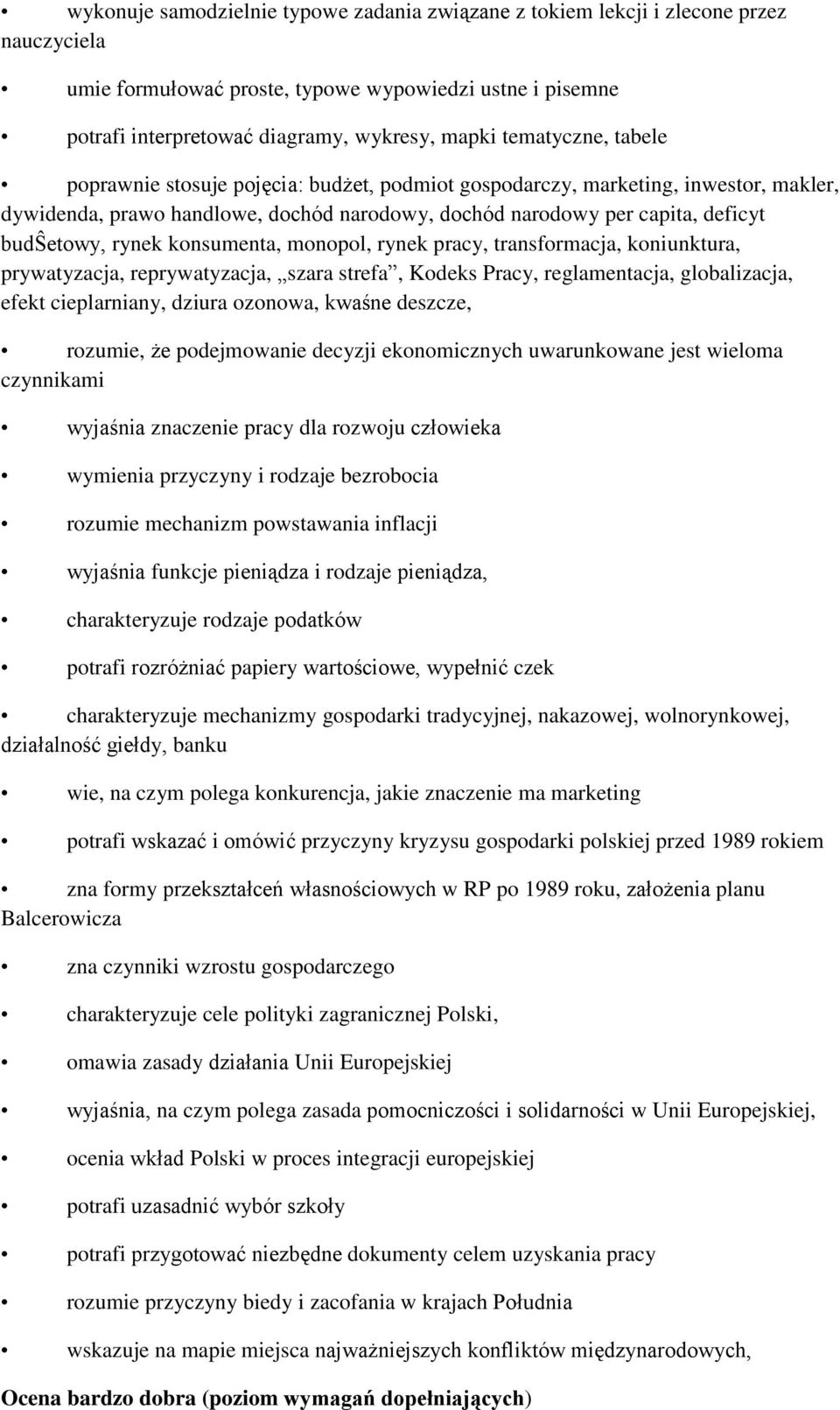 rynek konsumenta, monopol, rynek pracy, transformacja, koniunktura, prywatyzacja, reprywatyzacja, szara strefa, Kodeks Pracy, reglamentacja, globalizacja, efekt cieplarniany, dziura ozonowa, kwaśne