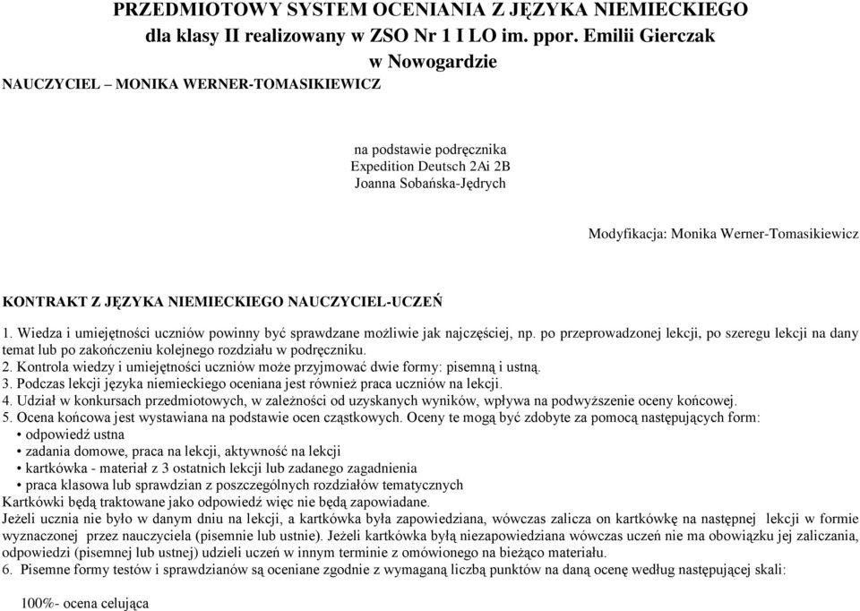 JĘZYKA NIEMIECKIEGO NAUCZYCIEL-UCZEŃ 1. Wiedza i umiejętności uczniów powinny być sprawdzane możliwie jak najczęściej, np.