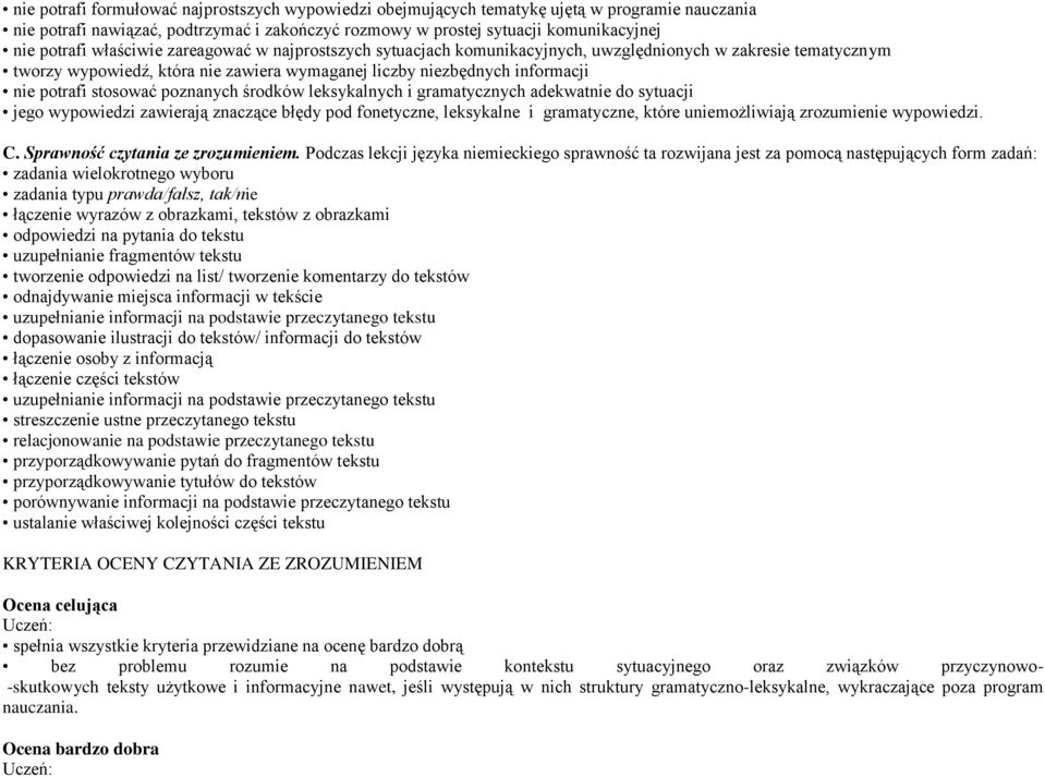 poznanych środków leksykalnych i gramatycznych adekwatnie do sytuacji jego wypowiedzi zawierają znaczące błędy pod fonetyczne, leksykalne i gramatyczne, które uniemożliwiają zrozumienie wypowiedzi. C.