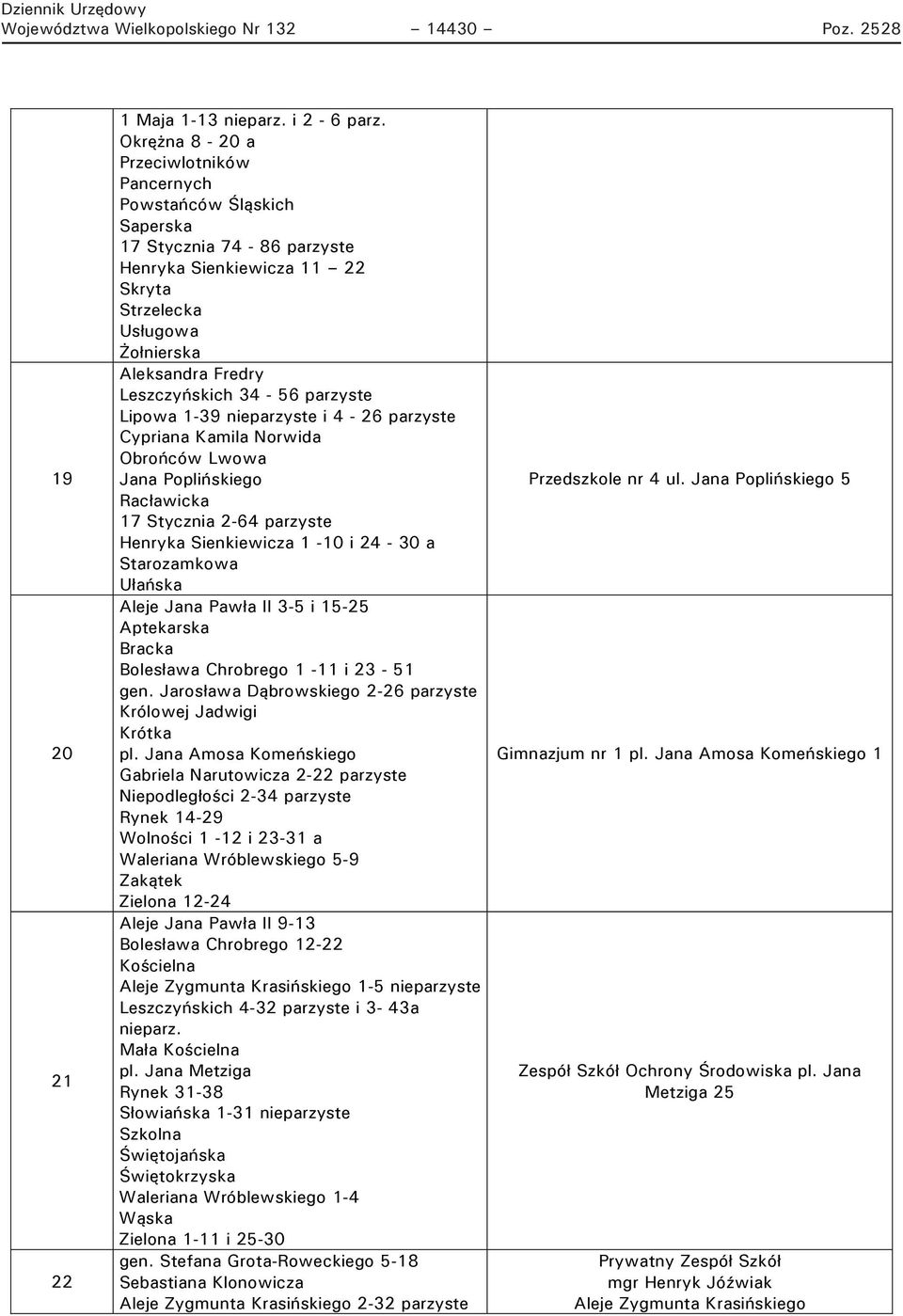 34-56 parzyste Lipowa 1-39 nieparzyste i 4-26 parzyste Cypriana Kamila Norwida Obrońców Lwowa Jana Poplińskiego Racławicka 17 Stycznia 2-64 parzyste Henryka Sienkiewicza 1-10 i 24-30 a Starozamkowa