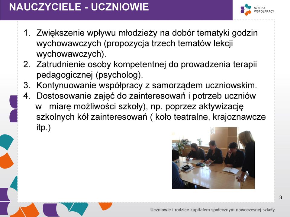 wychowawczych). 2. Zatrudnienie osoby kompetentnej do prowadzenia terapii pedagogicznej (psycholog). 3.