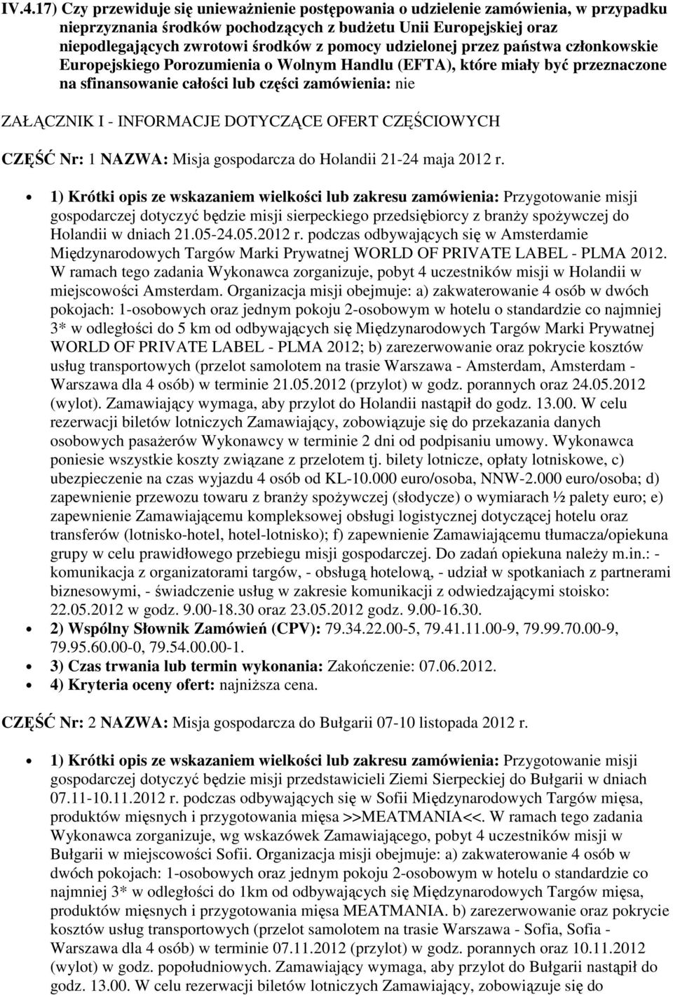 INFORMACJE DOTYCZĄCE OFERT CZĘŚCIOWYCH CZĘŚĆ Nr: 1 NAZWA: Misja gospodarcza do Holandii 21-24 maja 2012 r.