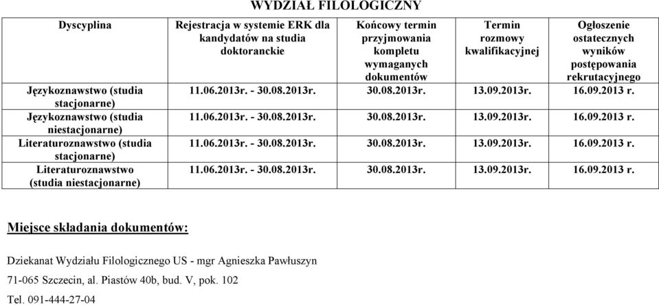 09.2013r. 16.09.2013 r. 11.06.2013r. - 30.08.2013r. 30.08.2013r. 13.09.2013r. 16.09.2013 r. 11.06.2013r. - 30.08.2013r. 30.08.2013r. 13.09.2013r. 16.09.2013 r. 11.06.2013r. - 30.08.2013r. 30.08.2013r. 13.09.2013r. 16.09.2013 r. Dziekanat Wydziału Filologicznego US - mgr Agnieszka Pawłuszyn 71-065 Szczecin, al.