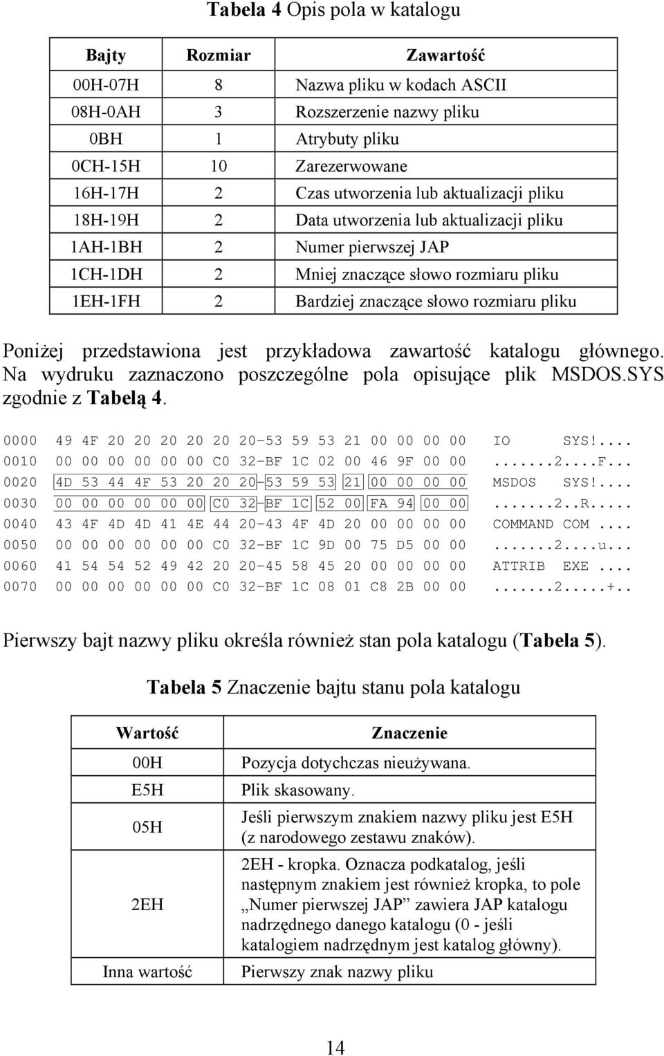 Poniżej przedstawiona jest przykładowa zawartość katalogu głównego. Na wydruku zaznaczono poszczególne pola opisujące plik MSDOS.SYS zgodnie z Tabelą 4.