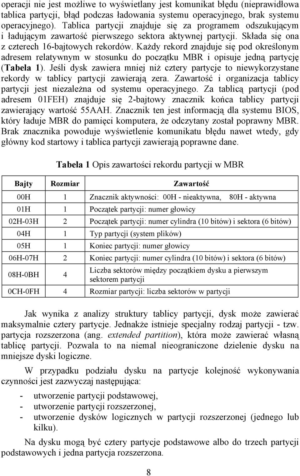 Każdy rekord znajduje się pod określonym adresem relatywnym w stosunku do początku MBR i opisuje jedną partycję (Tabela 1).