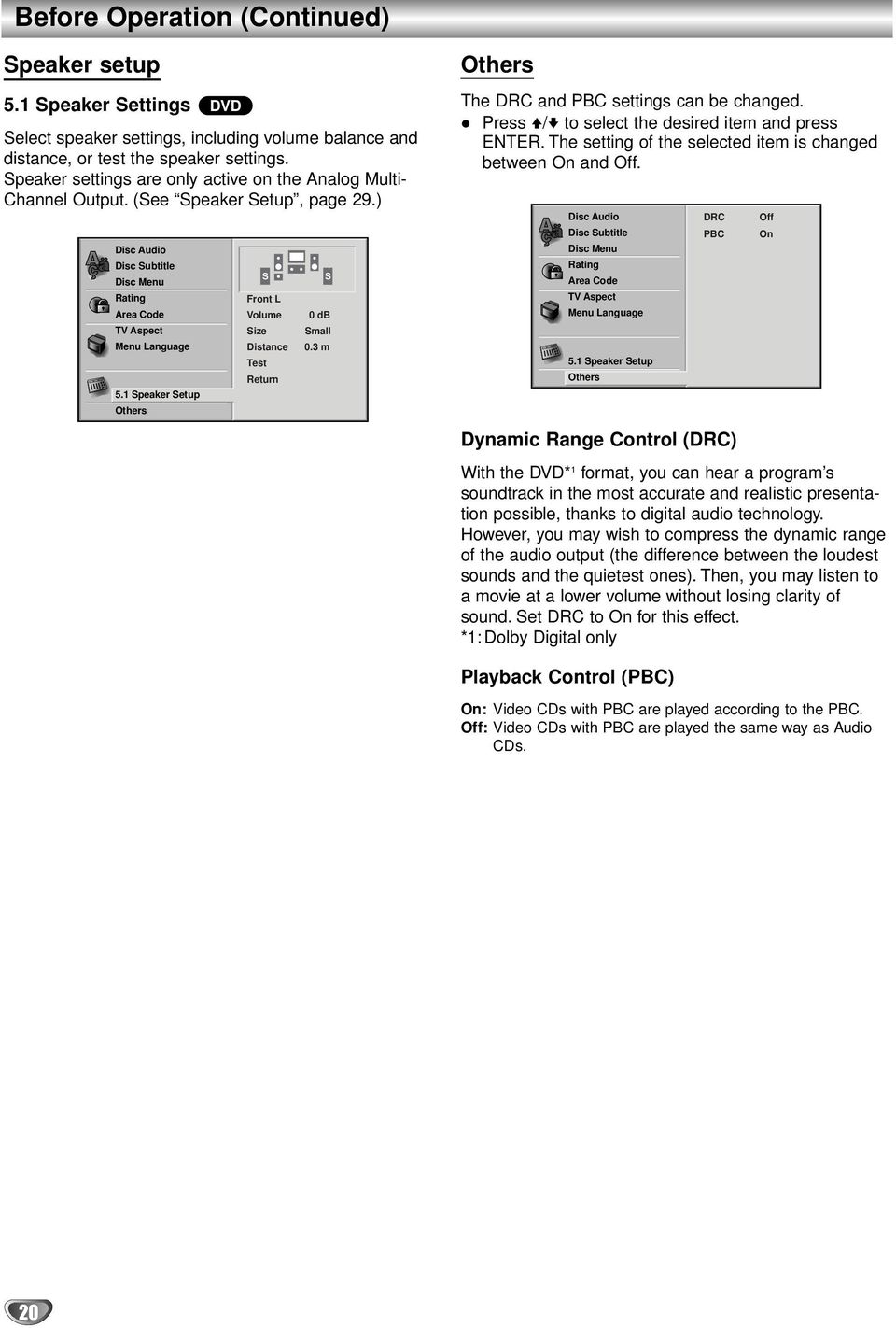 1 Speaker Setup Others S Front L Volume Size Distance Test Return S 0 db Small 0.3 m Others The DRC and PBC settings can be changed. Press V/v to select the desired item and press ENTER.