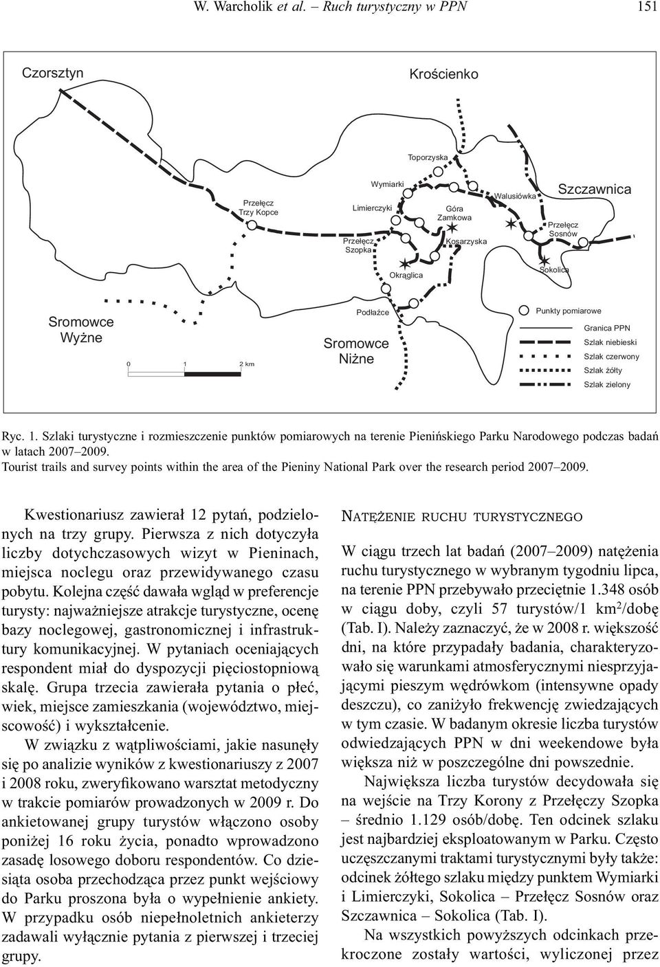Sromowce Wyżne 0 1 2 km Podłaźce Sromowce Niżne Punkty pomiarowe Granica PPN Szlak niebieski Szlak czerwony Szlak żółty Szlak zielony Ryc. 1. Szlaki turystyczne i rozmieszczenie punktów pomiarowych na terenie Pienińskiego Parku Narodowego podczas badań w latach 2007 2009.