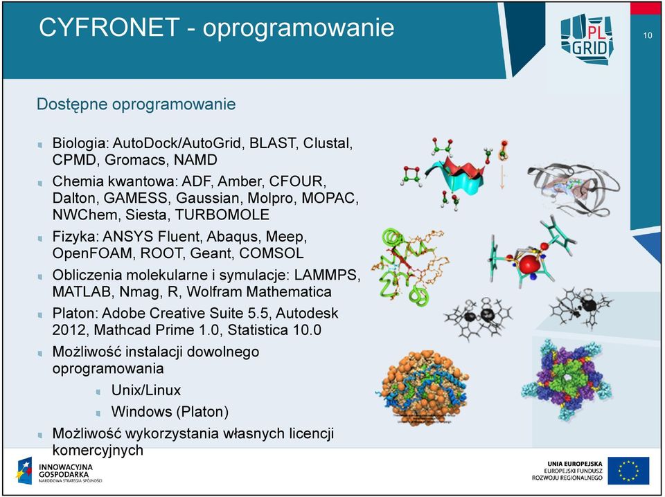 COMSOL Obliczenia molekularne i symulacje: LAMMPS, MATLAB, Nmag, R, Wolfram Mathematica Platon: Adobe Creative Suite 5.