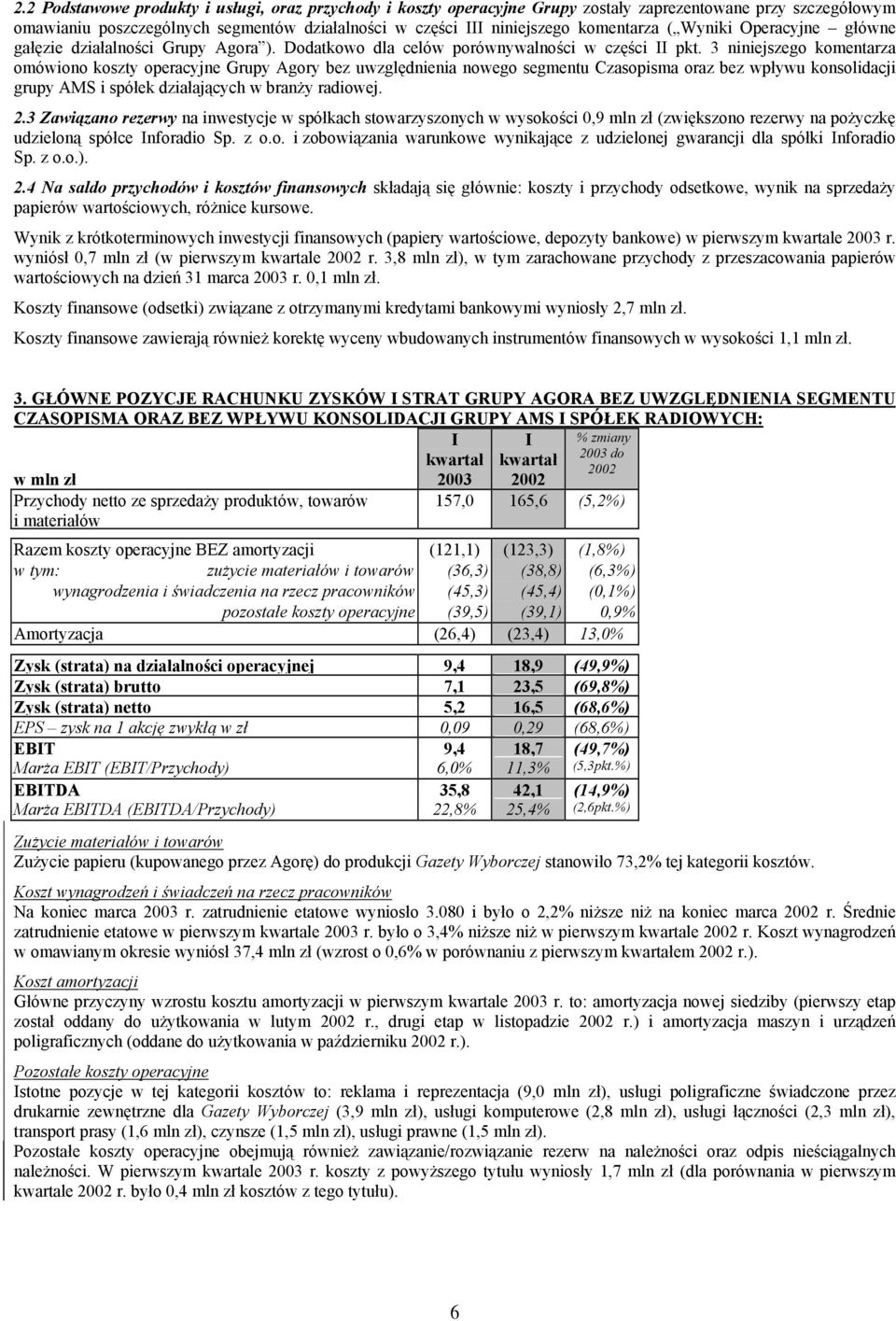 3 niniejszego komentarza omówiono koszty operacyjne Grupy Agory bez uwzględnienia nowego segmentu Czasopisma oraz bez wpływu konsolidacji grupy AMS i spółek działających w branży radiowej. 2.