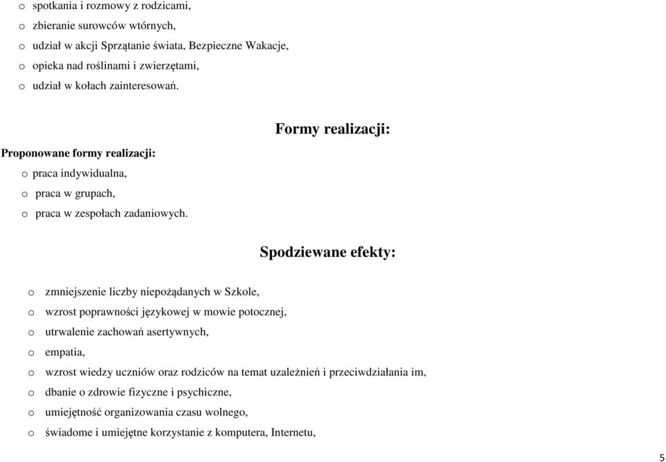 Formy realizacji: Spodziewane efekty: o zmniejszenie liczby niepożądanych w Szkole, o wzrost poprawności językowej w mowie potocznej, o utrwalenie zachowań asertywnych, o