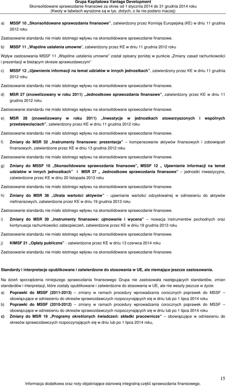 b) MSSF 11 Wspólne ustalenia umowne, zatwierdzony przez KE w dniu 11 grudnia 2012 roku Wpływ zastosowania MSSF 11 Wspólne ustalenia umowne został opisany poniżej w punkcie Zmiany zasad rachunkowości