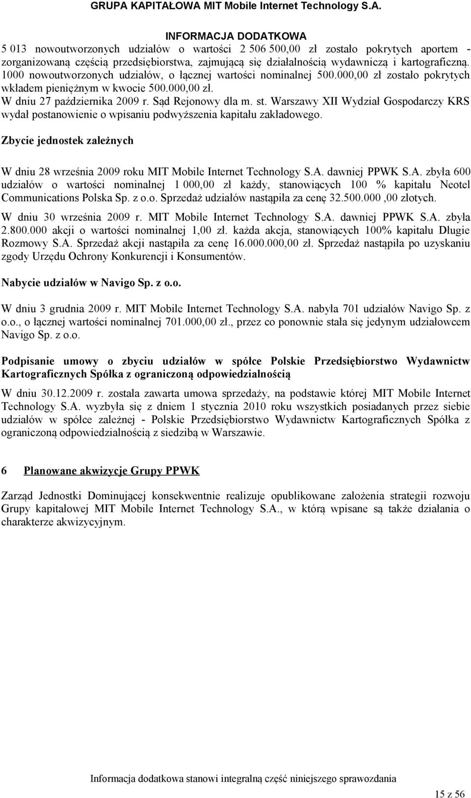 Warszawy XII Wydział Gospodarczy KRS wydał postanowienie o wpisaniu podwyższenia kapitału zakładowego. Zbycie jednostek zależnych W dniu 28 września 2009 roku MIT Mobile Internet Technology S.A.