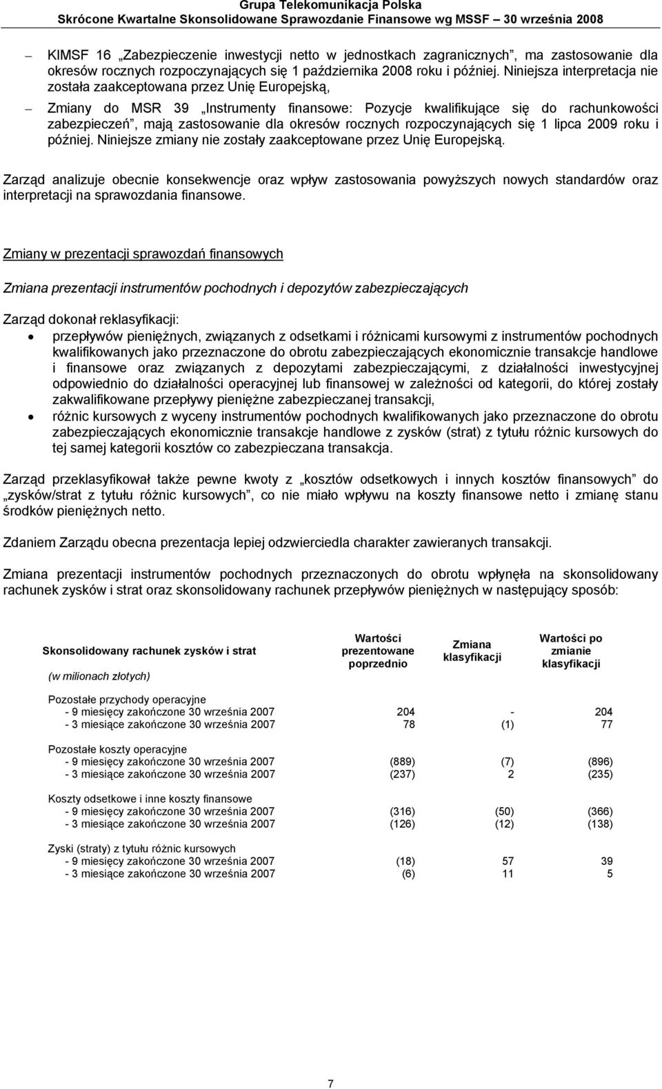 Niniejsza interpretacja nie została zaakceptowana przez Unię Europejską, Zmiany do MSR 39 Instrumenty finansowe: Pozycje kwalifikujące się do rachunkowości zabezpieczeń, mają zastosowanie dla okresów