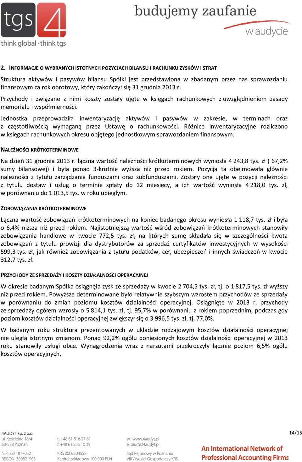 Jednostka przeprowadziła inwentaryzację aktywów i pasywów w zakresie, w terminach oraz z częstotliwością wymaganą przez Ustawę o rachunkowości.