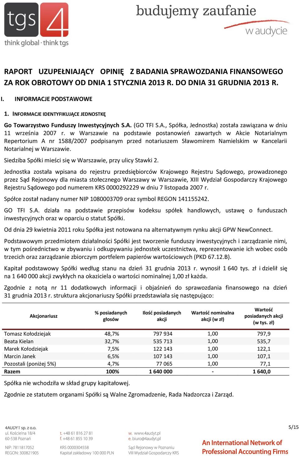 w Warszawie na podstawie postanowień zawartych w Akcie Notarialnym Repertorium A nr 1588/2007 podpisanym przed notariuszem Sławomirem Namielskim w Kancelarii Notarialnej w Warszawie.