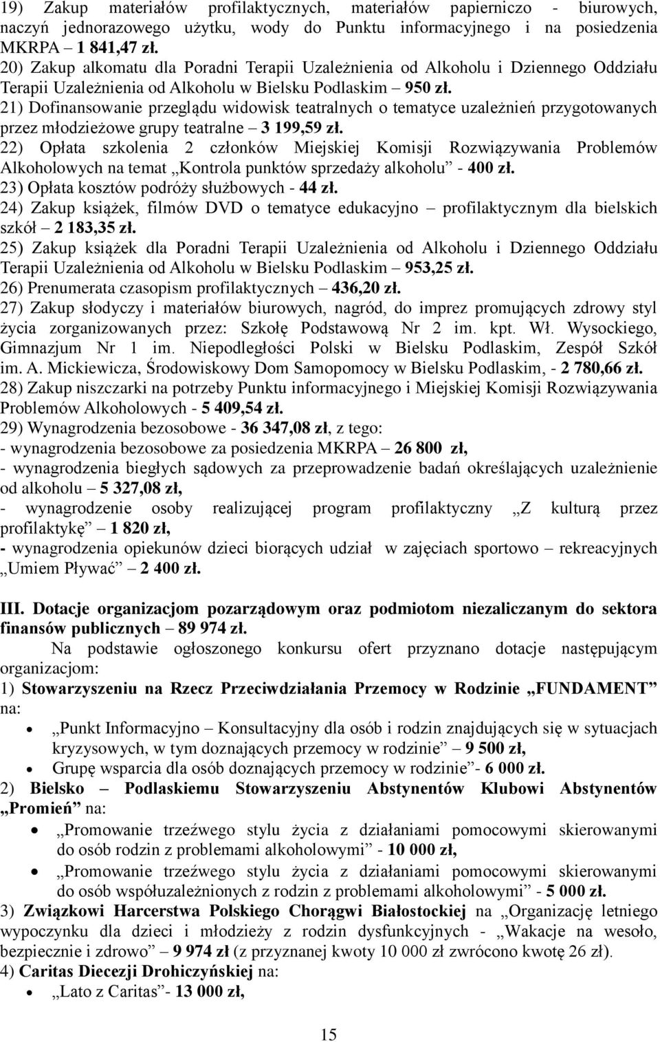 21) Dofinansowanie przeglądu widowisk teatralnych o tematyce uzależnień przygotowanych przez młodzieżowe grupy teatralne 3 199,59 zł.