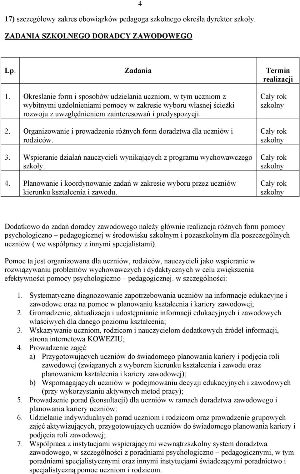 Organizowanie i prowadzenie różnych form doradztwa dla uczniów i rodziców. 3. Wspieranie działań nauczycieli wynikających z programu wychowawczego szkoły. 4.