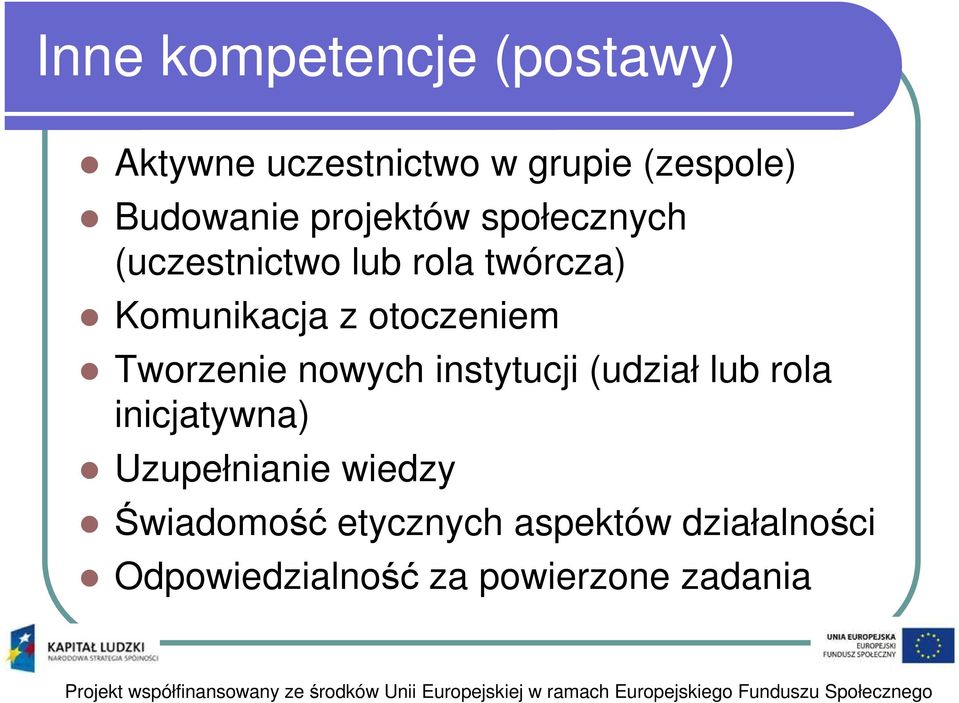 Tworzenie nowych instytucji (udział lub rola inicjatywna) Uzupełnianie wiedzy