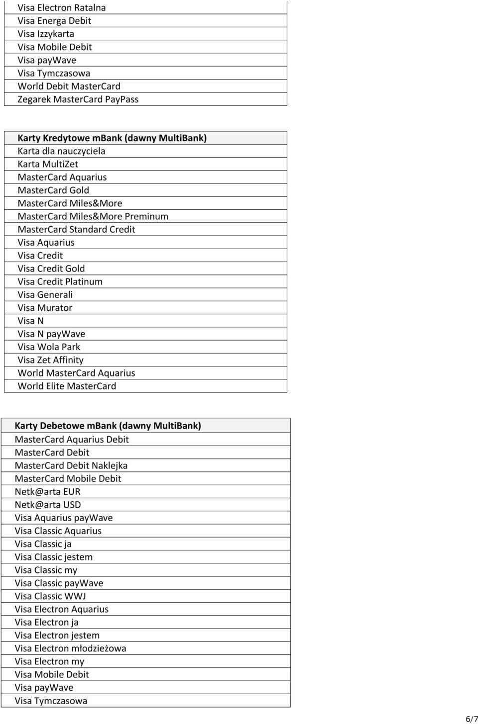Credit Platinum Visa Generali Visa Murator Visa N Visa N paywave Visa Wola Park Visa Zet Affinity World MasterCard Aquarius World Elite MasterCard Karty Debetowe mbank (dawny MultiBank) MasterCard
