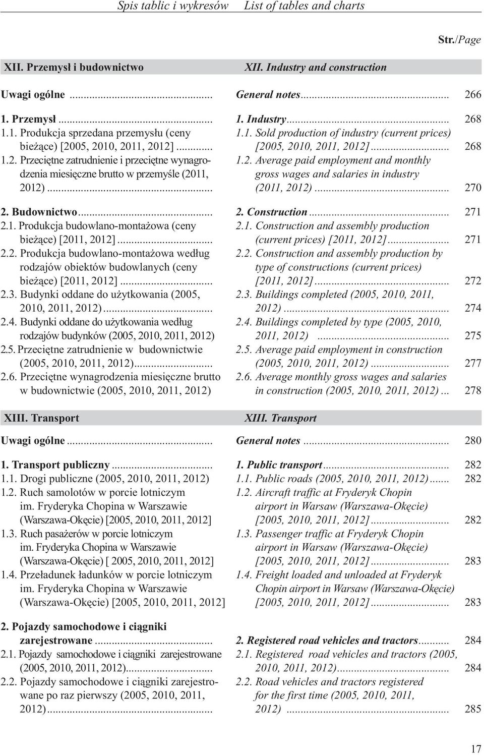 .. 1.2. Average paid employment and monthly gross wages and salaries in industry (2011, 2012)... 270 2. Budownictwo... 2. Construction... 271 2.1. Produkcja budowlano-monta owa (ceny bie ¹ce) [2011, 2012].