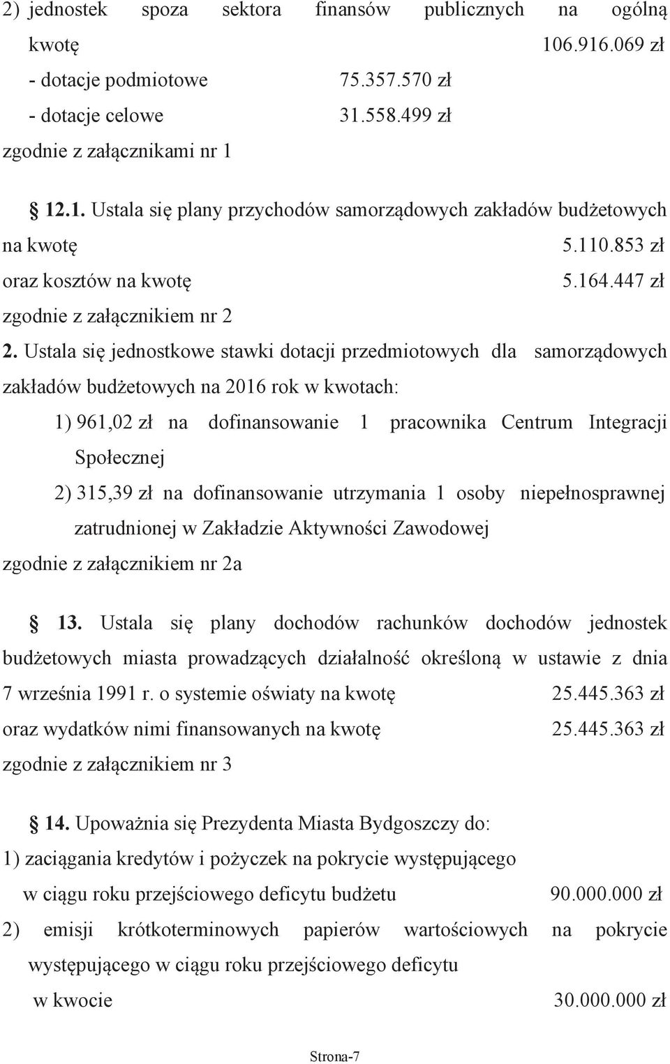 Ustala si jednostkowe stawki dotacji przedmiotowych dla samorz dowych zakładów bud etowych na 2016 rok w kwotach: 1) 961,02 zł na dofinansowanie 1 pracownika Centrum Integracji Społecznej 2) 315,39