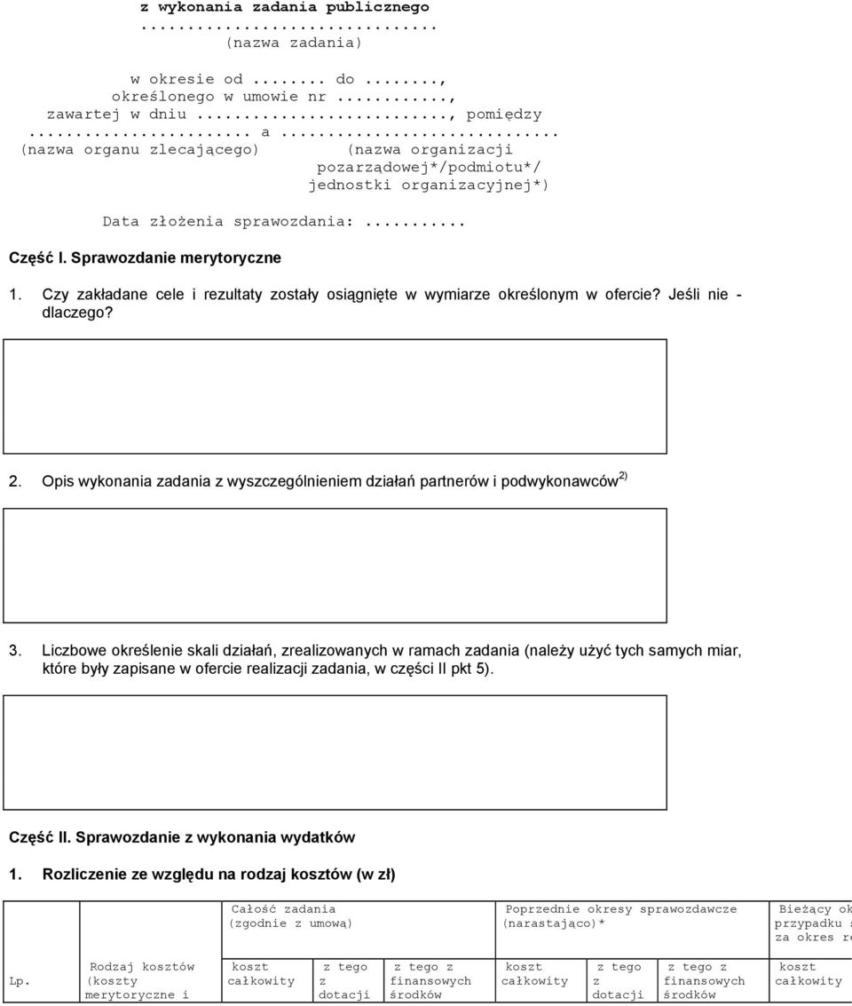 Czy zakładane cele i rezultaty zostały osiągnięte w wymiarze określonym w ofercie? Jeśli nie - dlaczego? 2. Opis wykonania zadania z wyszczególnieniem działań partnerów i podwykonawców 2) 3.