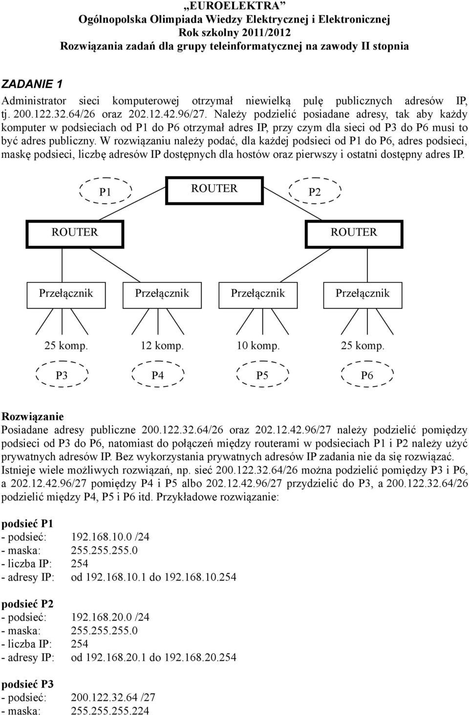 Należy podzielić posiadane adresy, tak aby każdy komputer w podsieciach od P1 do P6 otrzymał adres IP, przy czym dla sieci od P3 do P6 musi to być adres publiczny.