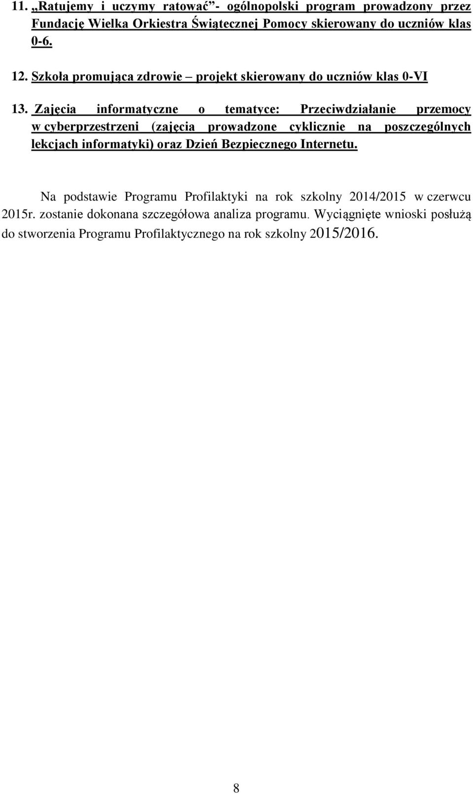 Zajęcia informatyczne o tematyce: Przeciwdziałanie przemocy w cyberprzestrzeni (zajęcia prowadzone cyklicznie na poszczególnych lekcjach informatyki) oraz