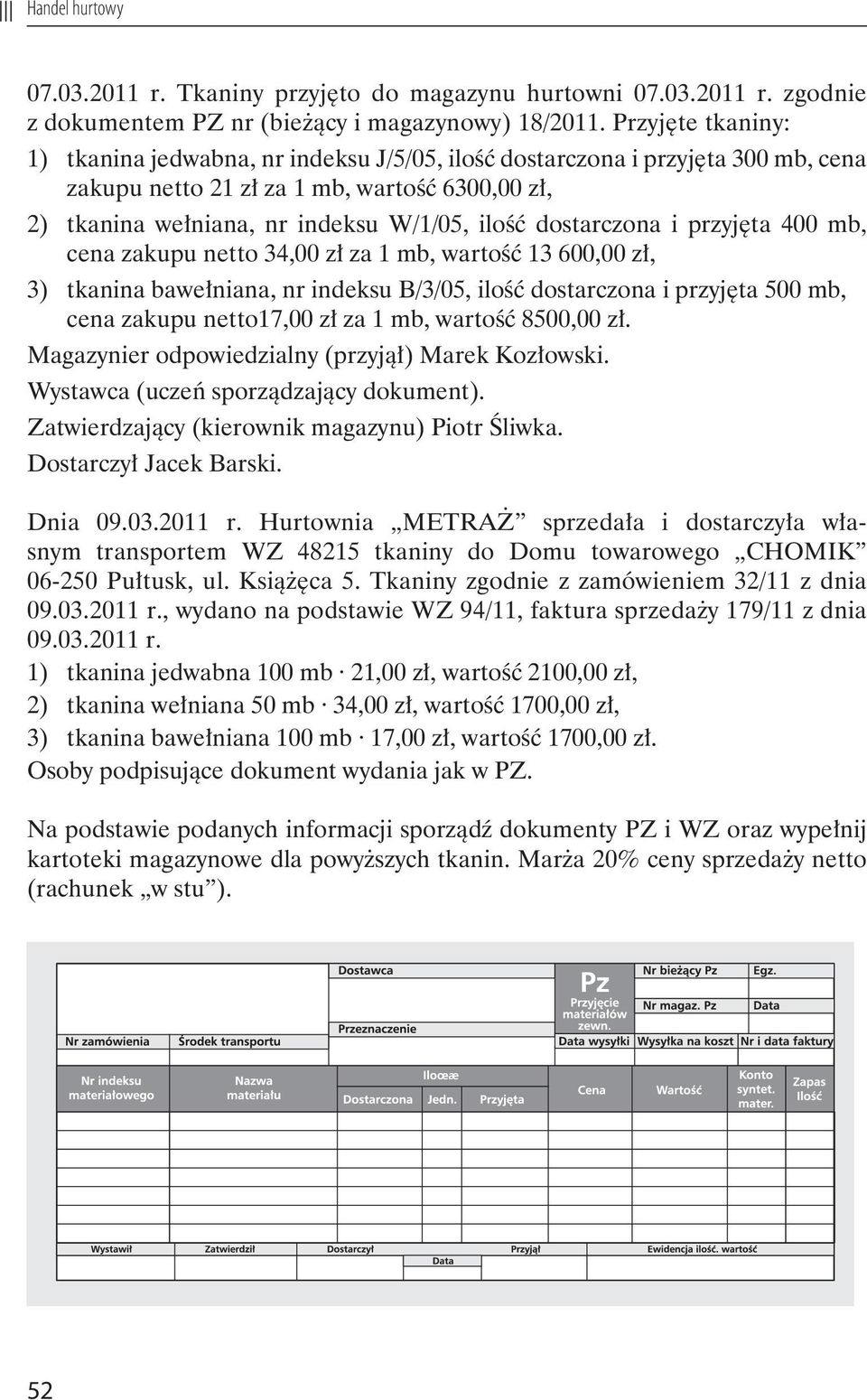 dostarczona i przyjęta 400 mb, cena zakupu netto 34,00 zł za 1 mb, wartość 13 600,00 zł, 3) tkanina bawełniana, nr indeksu B/3/05, ilość dostarczona i przyjęta 500 mb, cena zakupu netto17,00 zł za 1