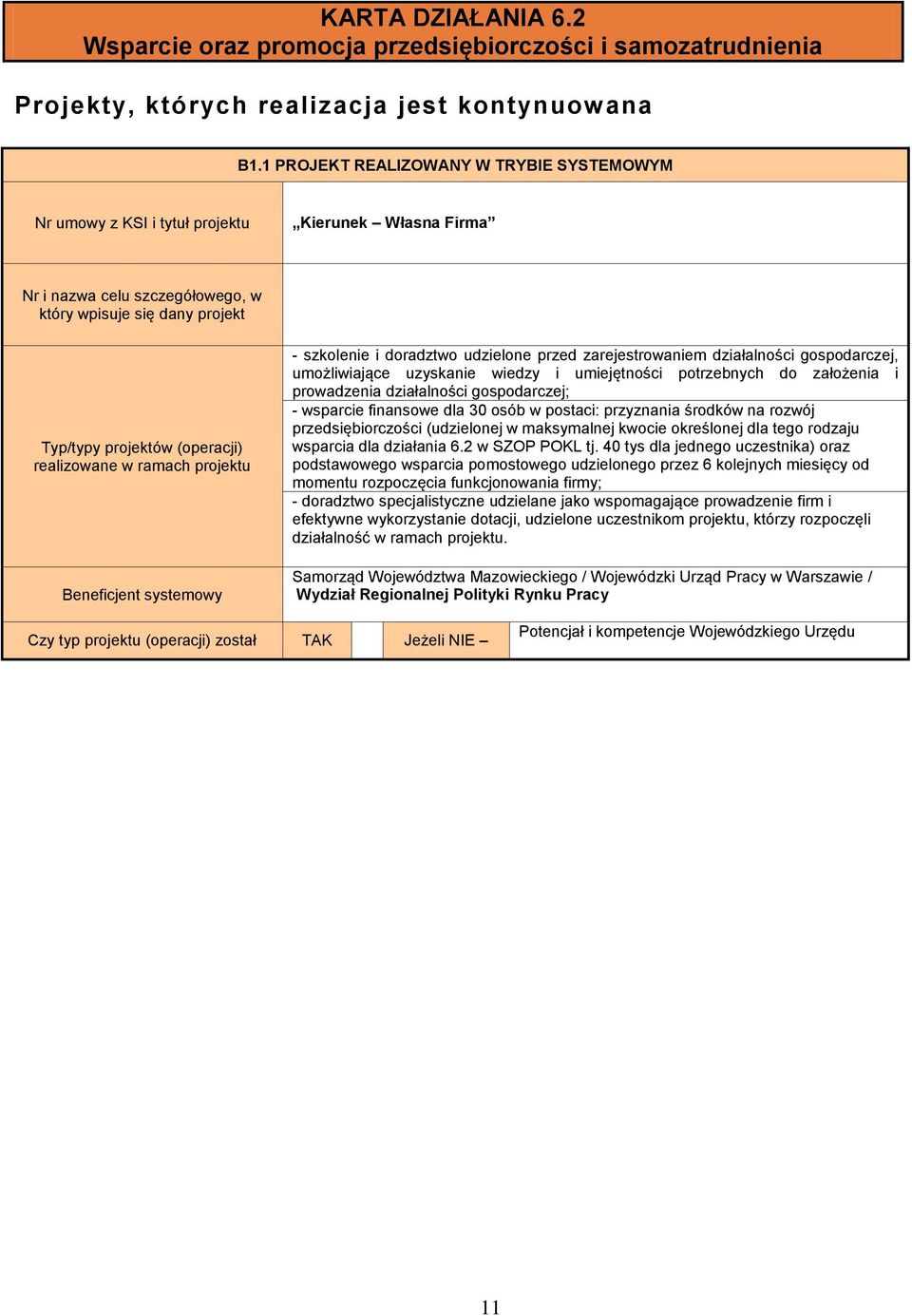 realizowane w ramach projektu Beneficjent systemowy - szkolenie i doradztwo udzielone przed zarejestrowaniem działalności gospodarczej, umożliwiające uzyskanie wiedzy i umiejętności potrzebnych do