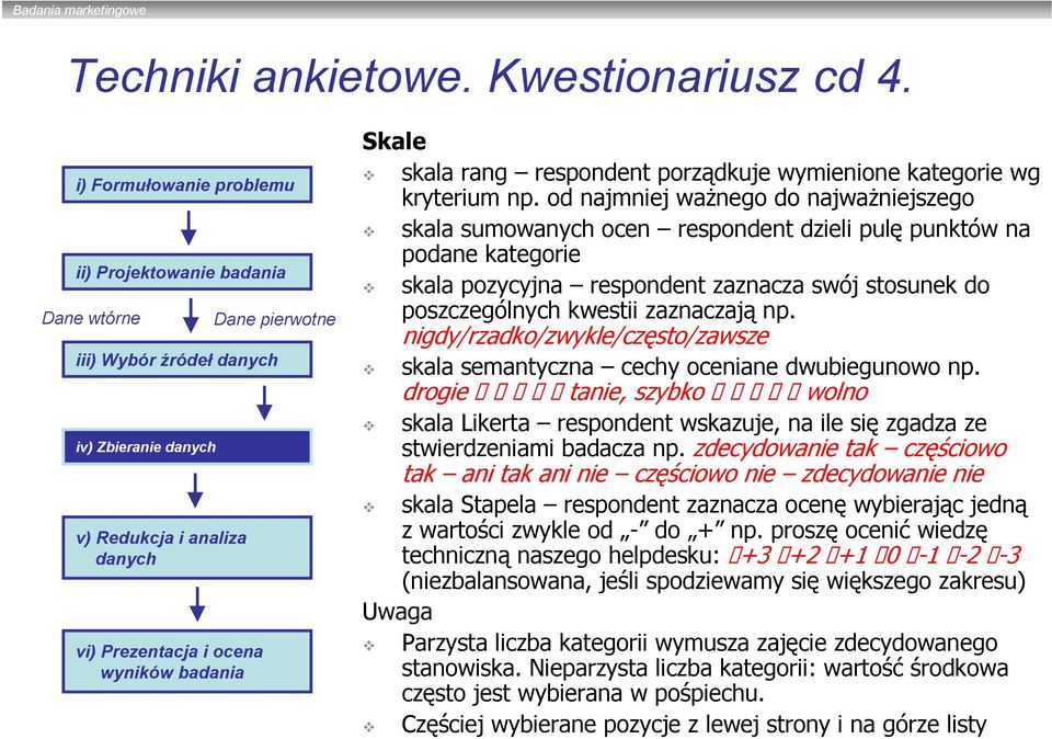 np. nigdy/rzadko/zwykle/często/zawsze skala semantyczna cechy oceniane dwubiegunowo np. drogie tanie, szybko wolno skala Likerta respondent wskazuje, na ile się zgadza ze stwierdzeniami badacza np.