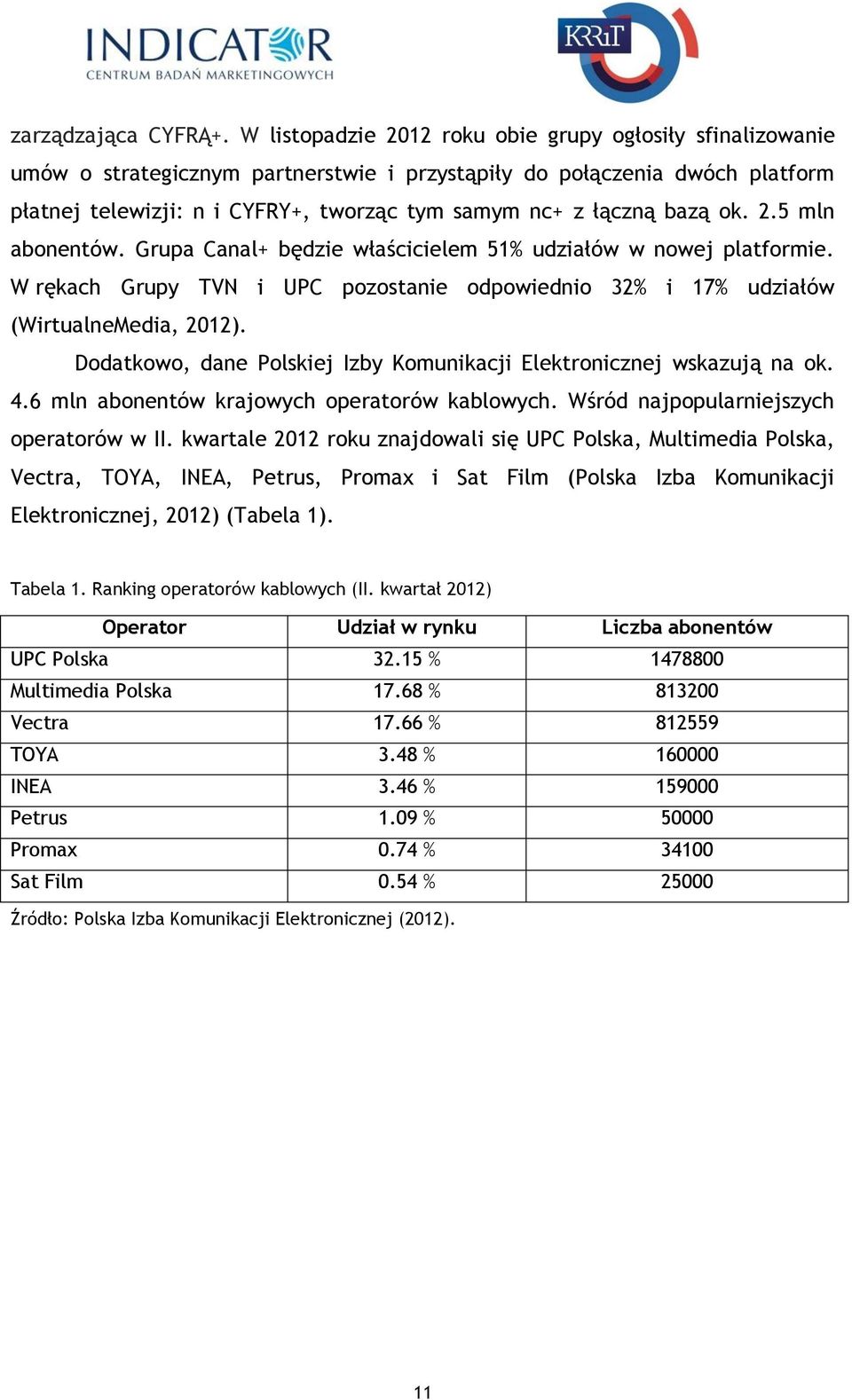 bazą ok. 2.5 mln abonentów. Grupa Canal+ będzie właścicielem 51% udziałów w nowej platformie. W rękach Grupy TVN i UPC pozostanie odpowiednio 32% i 17% udziałów (WirtualneMedia, 2012).