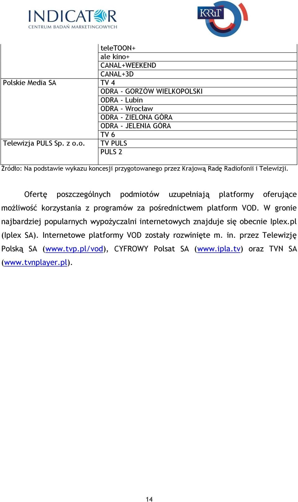 Ofertę poszczególnych podmiotów uzupełniają platformy oferujące możliwość korzystania z programów za pośrednictwem platform VOD.