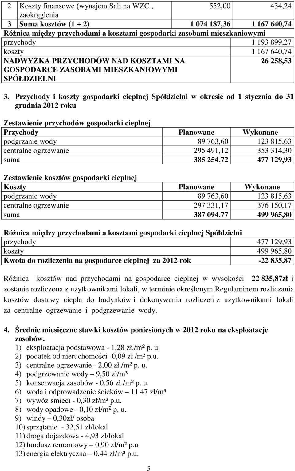 Przychody i koszty gospodarki cieplnej Spółdzielni w okresie od 1 stycznia do 31 grudnia 2012 roku Zestawienie przychodów gospodarki cieplnej Przychody Planowane Wykonane podgrzanie wody 89 763,60