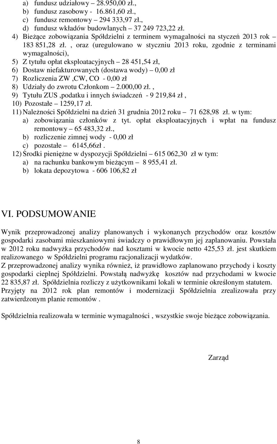 , oraz (uregulowano w styczniu 2013 roku, zgodnie z terminami wymagalności), 5) Z tytułu opłat eksploatacyjnych 28 451,54 zł, 6) Dostaw niefakturowanych (dostawa wody) 0,00 zł 7) Rozliczenia ZW,CW,