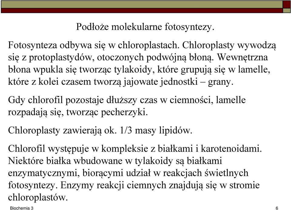 Gdy chlorofil pozostaje dłuższy czas w ciemności, lamelle rozpadają się, tworząc pecherzyki. Chloroplasty zawierają ok. 1/3 masy lipidów.