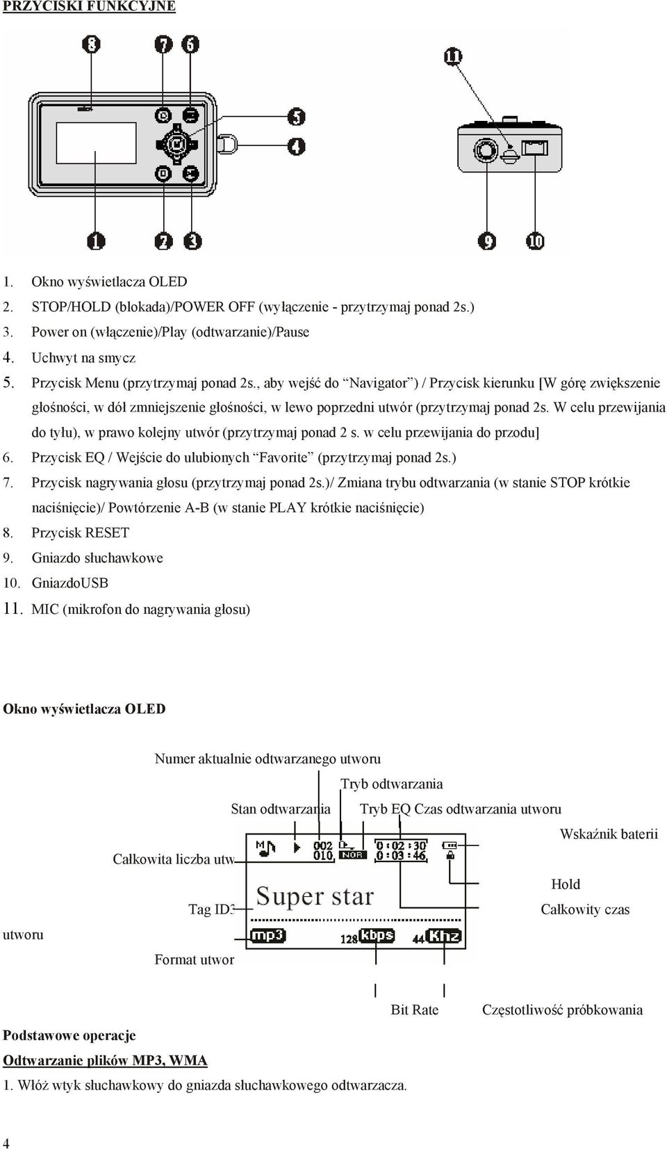 W celu przewijania do tyłu), w prawo kolejny utwór (przytrzymaj ponad 2 s. w celu przewijania do przodu] 6. Przycisk EQ / Wejście do ulubionych Favorite (przytrzymaj ponad 2s.) 7.