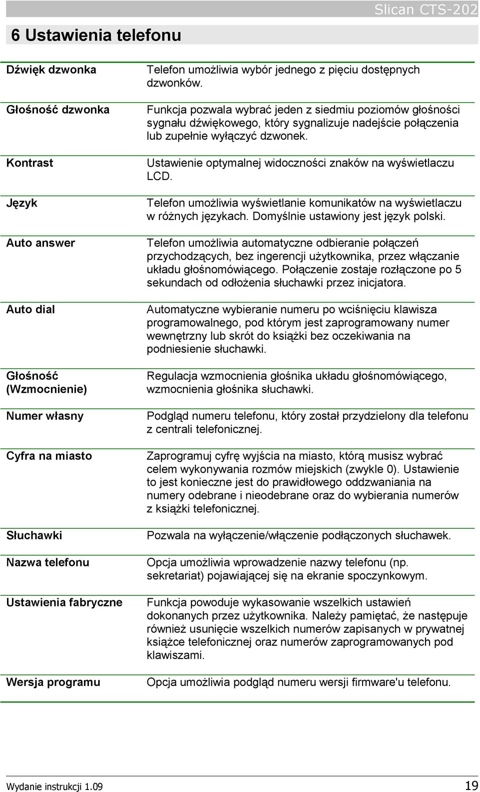 Funkcja pozwala wybrać jeden z siedmiu poziomów głośności sygnału dźwiękowego, który sygnalizuje nadejście połączenia lub zupełnie wyłączyć dzwonek.