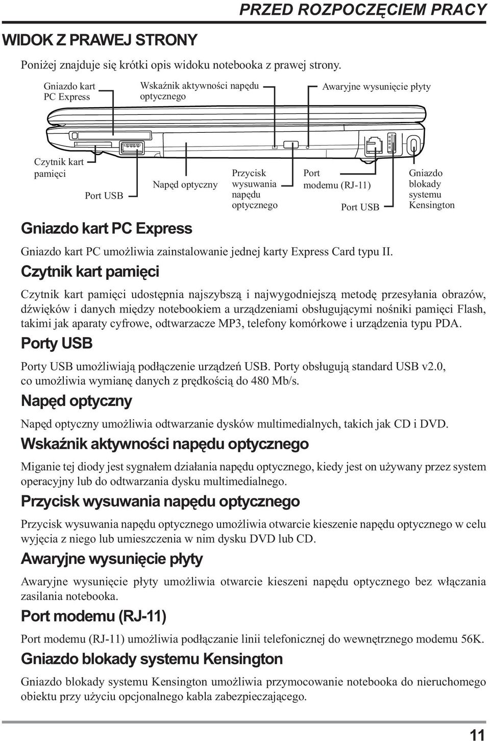 wysuwania napędu optycznego Port modemu (RJ-11) Port USB Gniazdo kart PC umożliwia zainstalowanie jednej karty Express Card typu II.