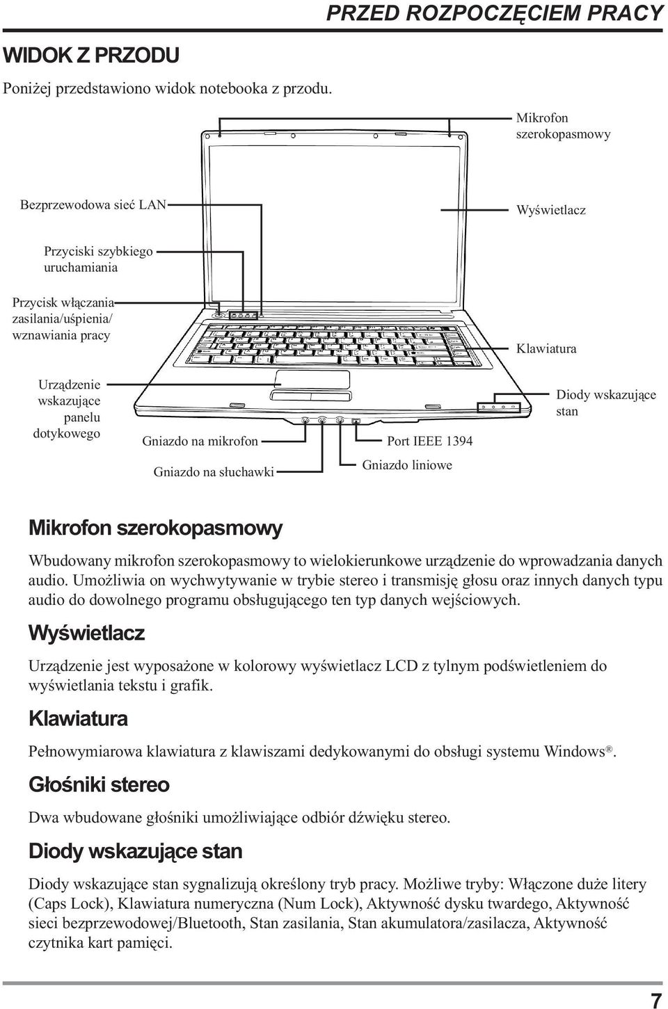 panelu dotykowego Gniazdo na mikrofon Port IEEE 1394 Gniazdo na słuchawki Gniazdo liniowe Klawiatura Diody wskazujące stan Mikrofon szerokopasmowy Wbudowany mikrofon szerokopasmowy to wielokierunkowe