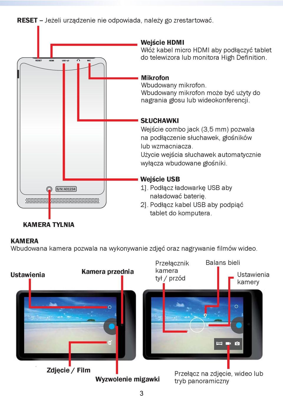 Użycie wejścia słuchawek automatycznie wyłącza wbudowane głośniki. KAMERA TYLNIA Wejście USB 1]. Podłącz ładowarkę USB aby naładować baterię. 2]. Podłącz kabel USB aby podpiąć tablet do komputera.