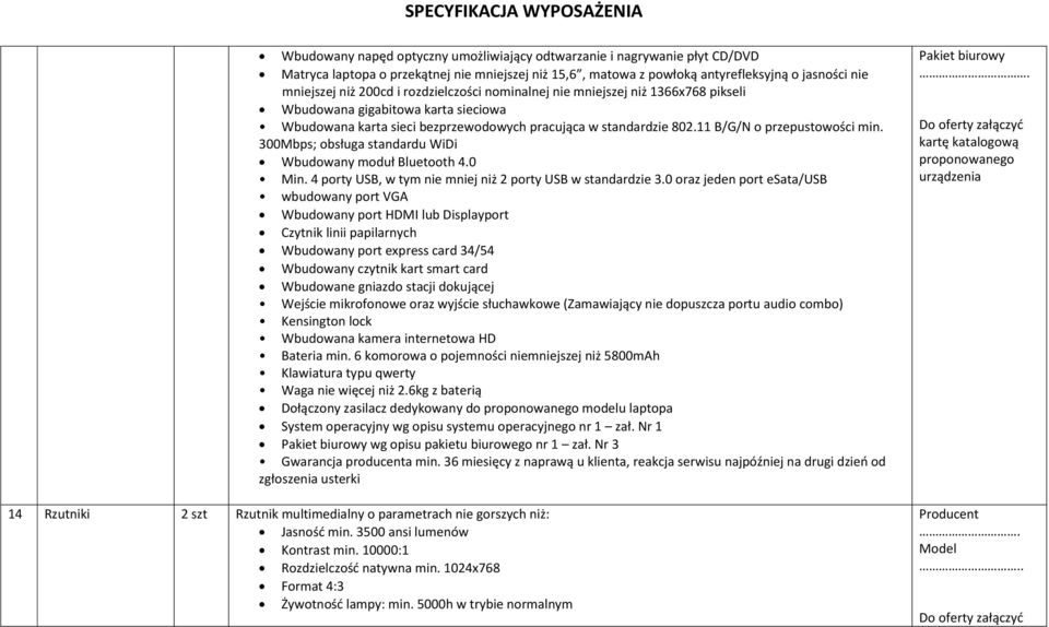 300Mbps; obsługa standardu WiDi Wbudowany moduł Bluetooth 4.0 Min. 4 porty USB, w tym nie mniej niż 2 porty USB w standardzie 3.