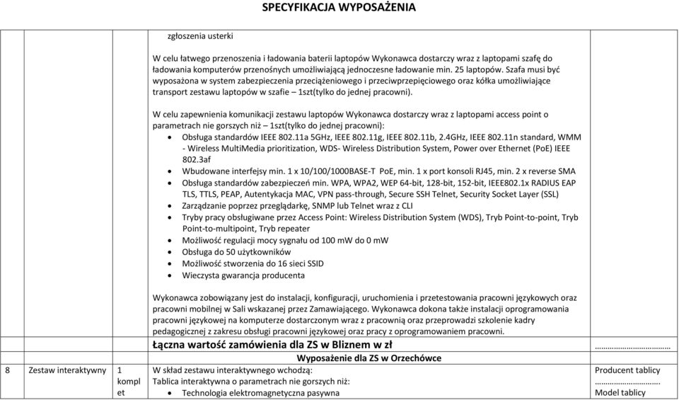 Szafa musi być wyposażona w system zabezpieczenia przeciążeniowego i przeciwprzepięciowego oraz kółka umożliwiające transport zestawu laptopów w szafie 1szt(tylko do jednej pracowni).