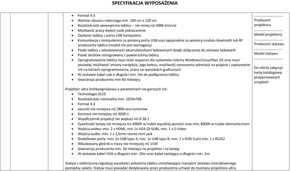 USB oraz opcjonalnie za pomocą modułu bluetooth lub RF producenta tablicy (moduł nie jest wymagany) Pisaki tablicy z wbudowanymi akumulatorkami ładowanymi dzięki dołączonej do zestawu ładowarki Pasek