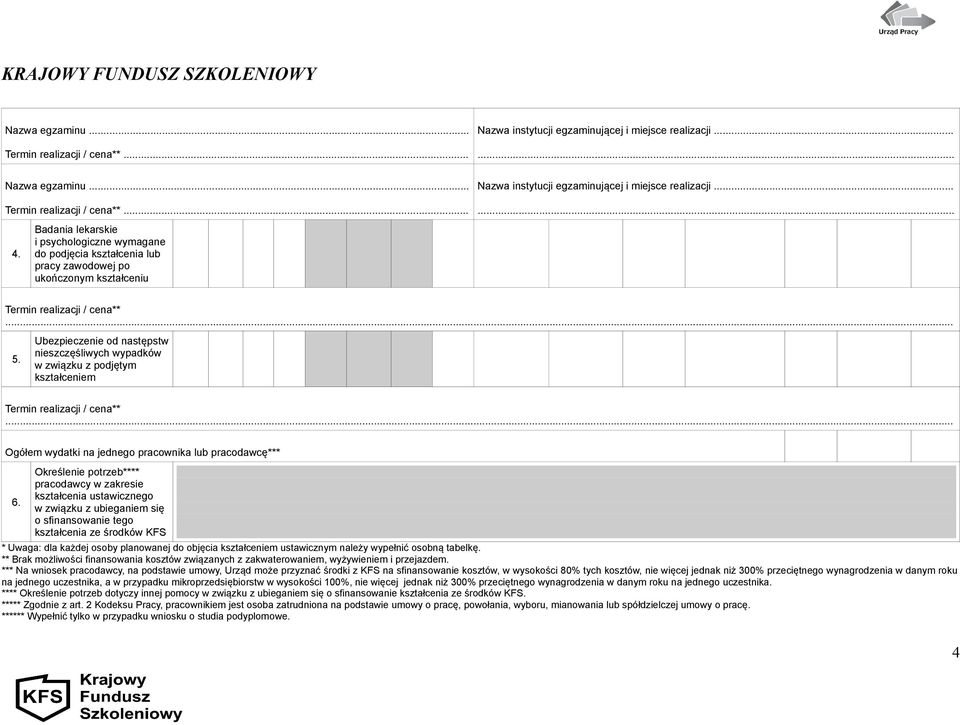 .. 5. Ubezpieczenie od następstw nieszczęśliwych wypadków w związku z podjętym kształceniem Termin realizacji / cena**... Ogółem wydatki na jednego pracownika lub pracodawcę*** 6.