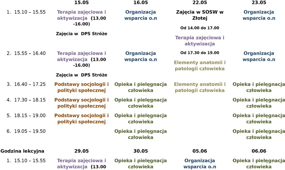 00-16.00) Zajęcia w DPS Stróże Od 17.30 do 19.00 patologii patologii 4. 17.30 18.