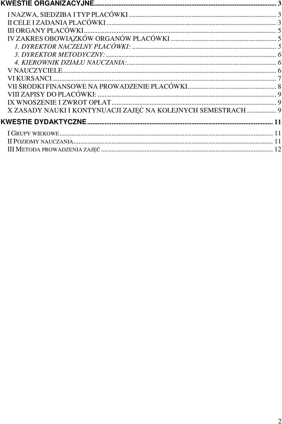 .. 6 V NAUCZYCIELE... 6 VI KURSANCI... 7 VII ŚRODKI FINANSOWE NA PROWADZENIE PLACÓWKI... 8 VIII ZAPISY DO PLACÓWKI:... 9 IX WNOSZENIE I ZWROT OPŁAT.