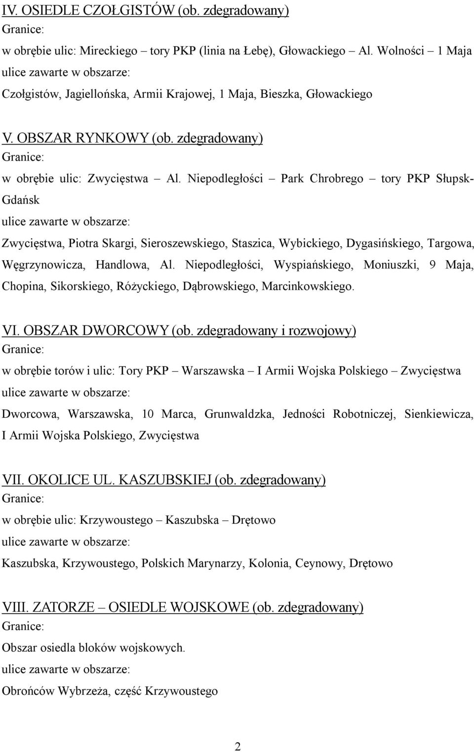 Niepodległości Park Chrobrego tory PKP Słupsk- Gdańsk Zwycięstwa, Piotra Skargi, Sieroszewskiego, Staszica, Wybickiego, Dygasińskiego, Targowa, Węgrzynowicza, Handlowa, Al.