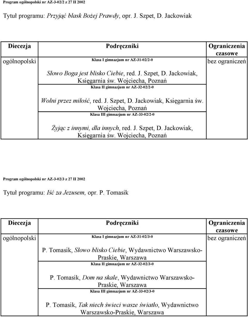 Wojciecha, Poznań Klasa III gimnazjum nr AZ-33-02/2-0 Żyjąc z innymi, dla innych, red. J. Szpet, D. Jackowiak, Księgarnia św.